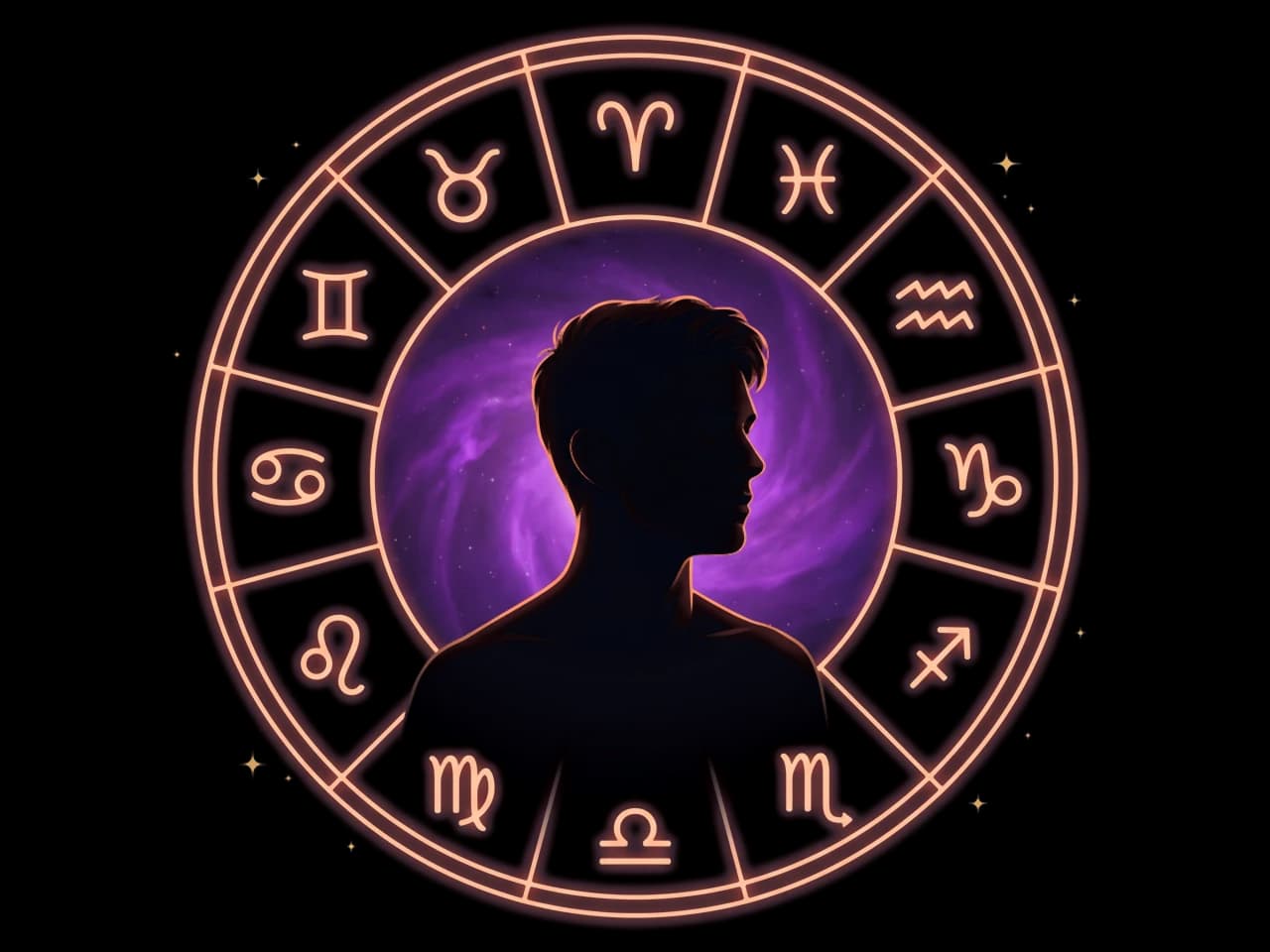 A man's silhouette before a glowing zodiac wheel